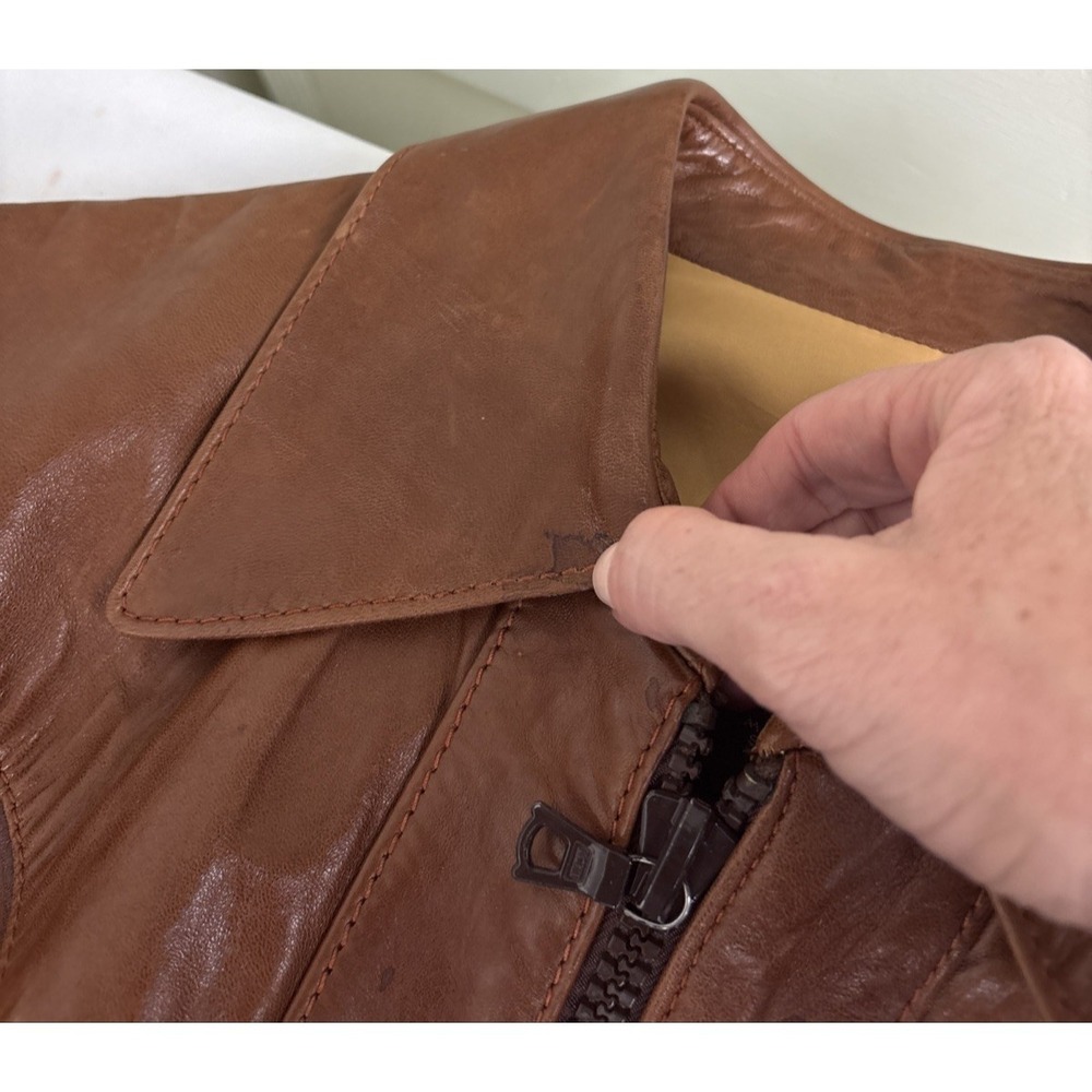 Vintage Cortefiel Leather Bomber Jacket Mens 38 Caramel Brown Soft Gangster - Picture 11 of 14